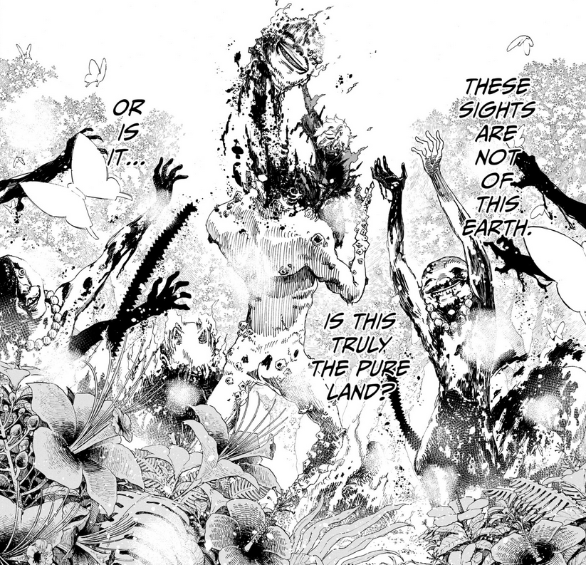 Gabimaru decapitates one of the giant creatures with his bare hands.