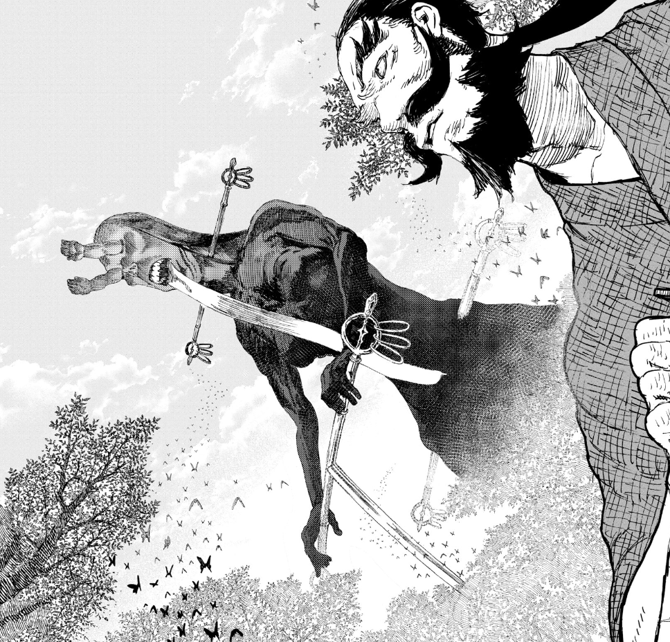 The giant creatures are revealed, towering high above a character in the foreground.