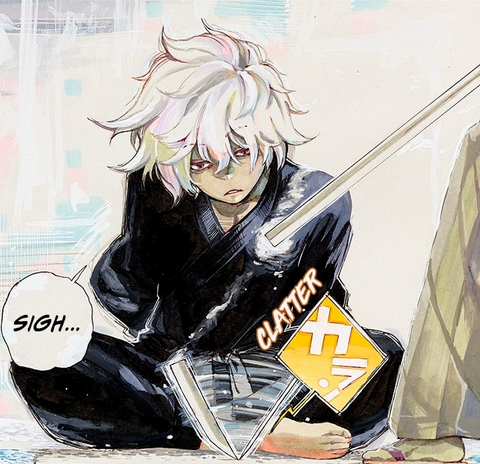 Gabimaru, sitting, sighs as a sword breaks in front of him.