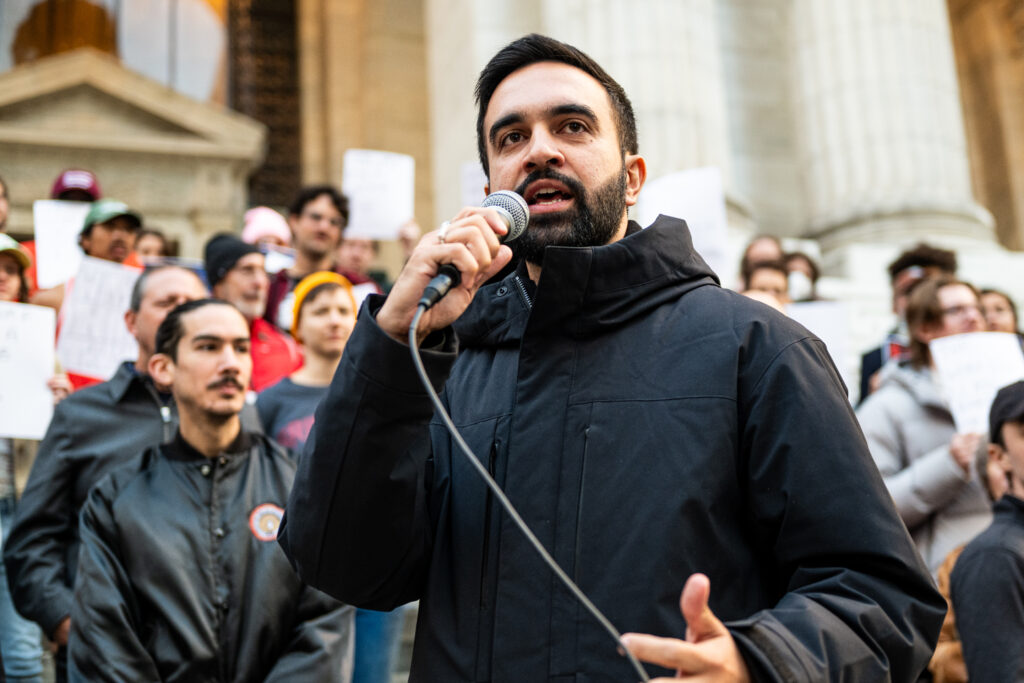 Zohran Mamdani at the Resist Fascism Rally in Bryant Park on Oct 27th 2024 -- credit Bingjiefu He via Wikimedia Commons